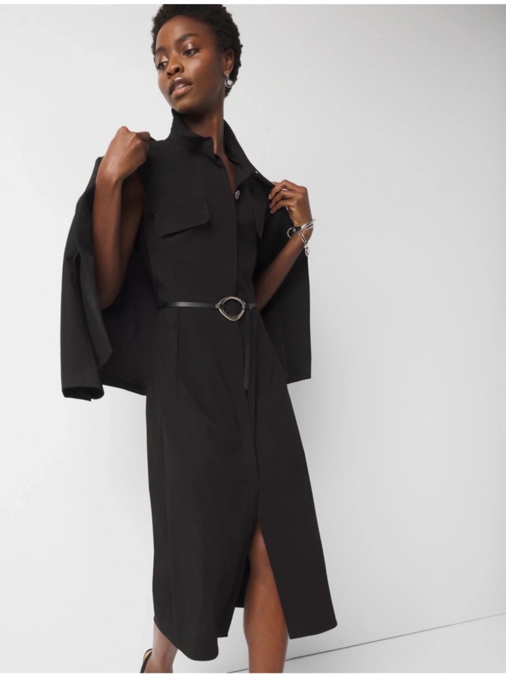 White House Black Market Black Women's Belted Midi Shirt Dress Size XL NWT
